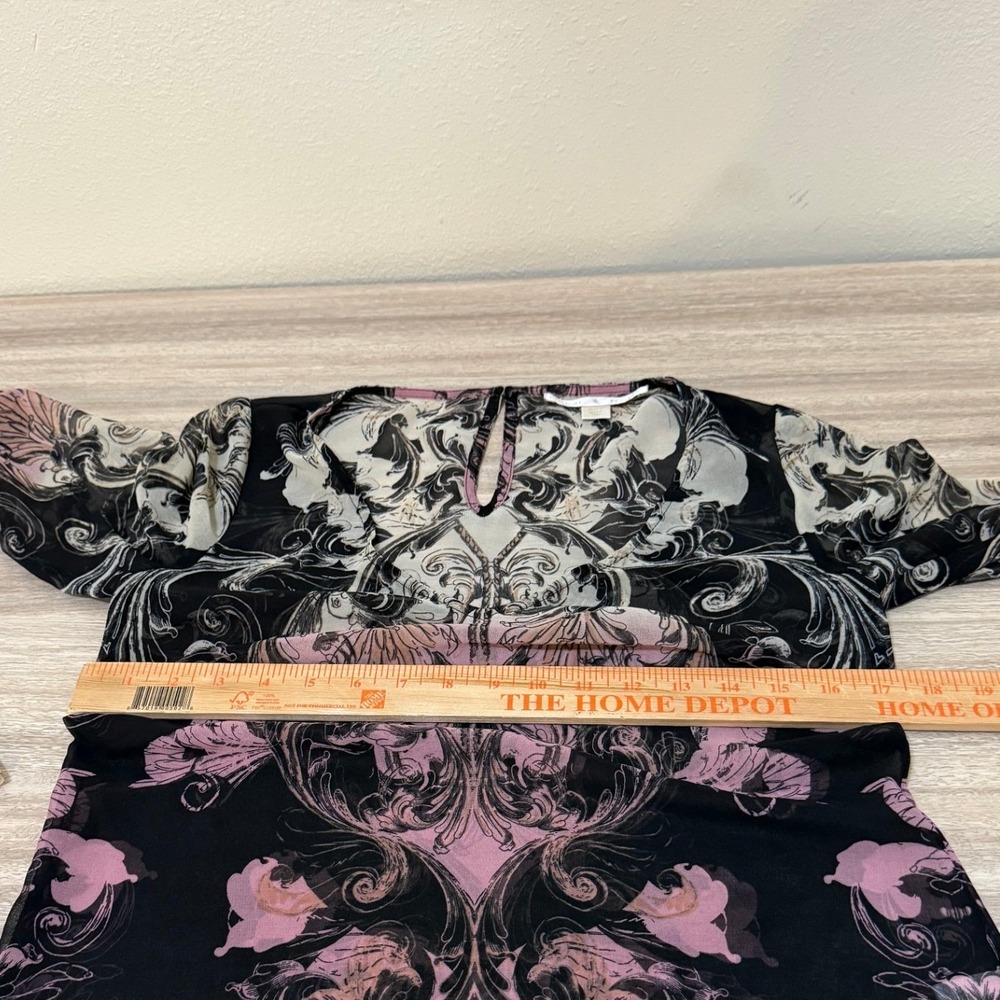 Boston Proper Women Blouse 2 Black Plum‎ Damask Bell Sleeve Whimsigoth Romantic - Picture 10 of 11